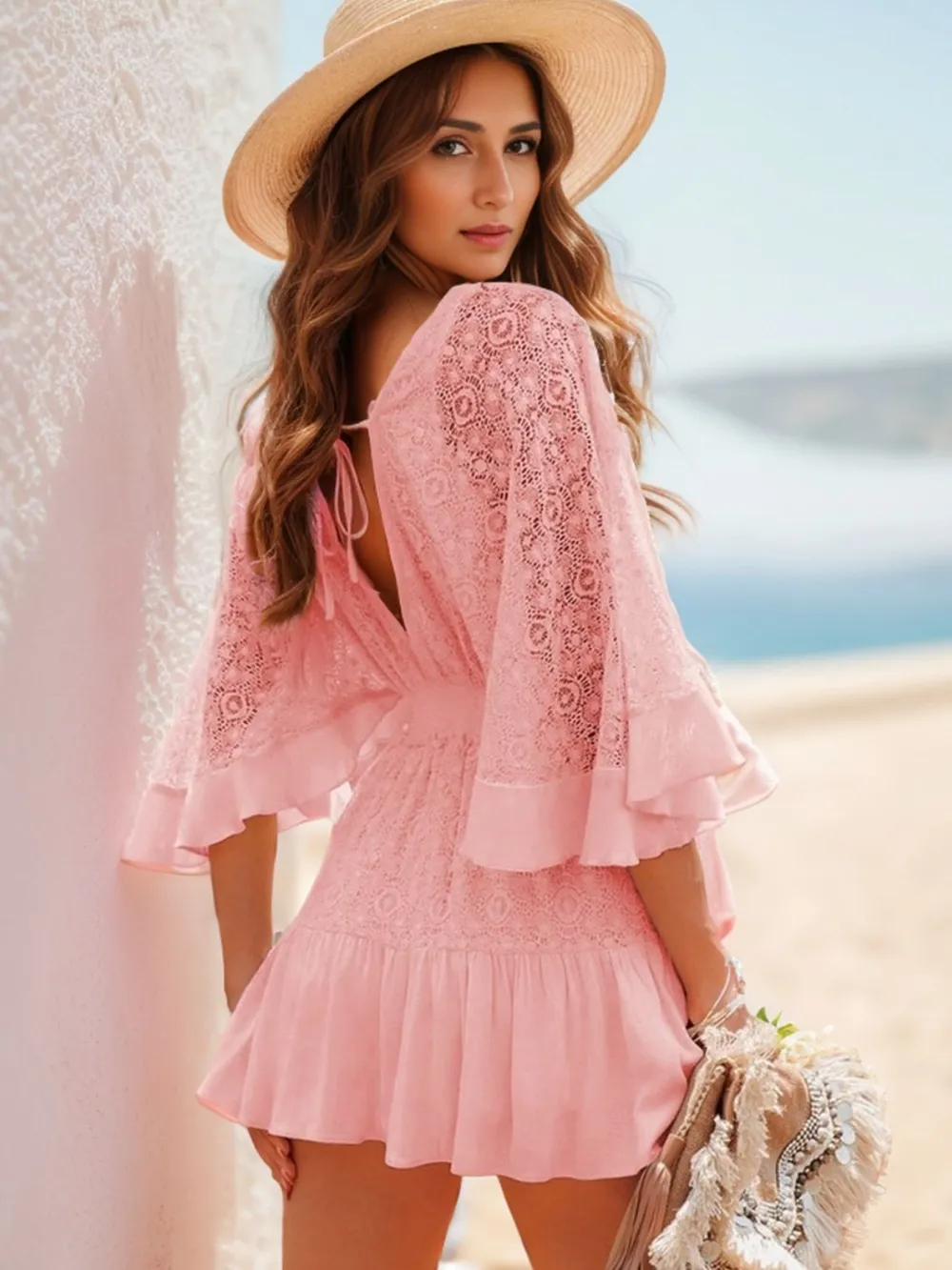 Ruffle Hem Tie Back Lace Mini Dress, image 5