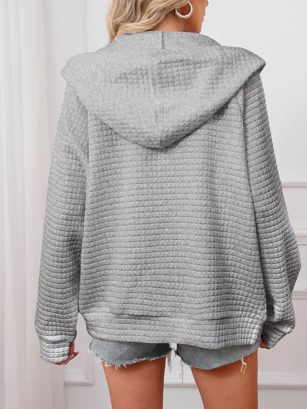 Full Size Textured Quilted Zip-Up Hooded Jacket Plus Size, image 3