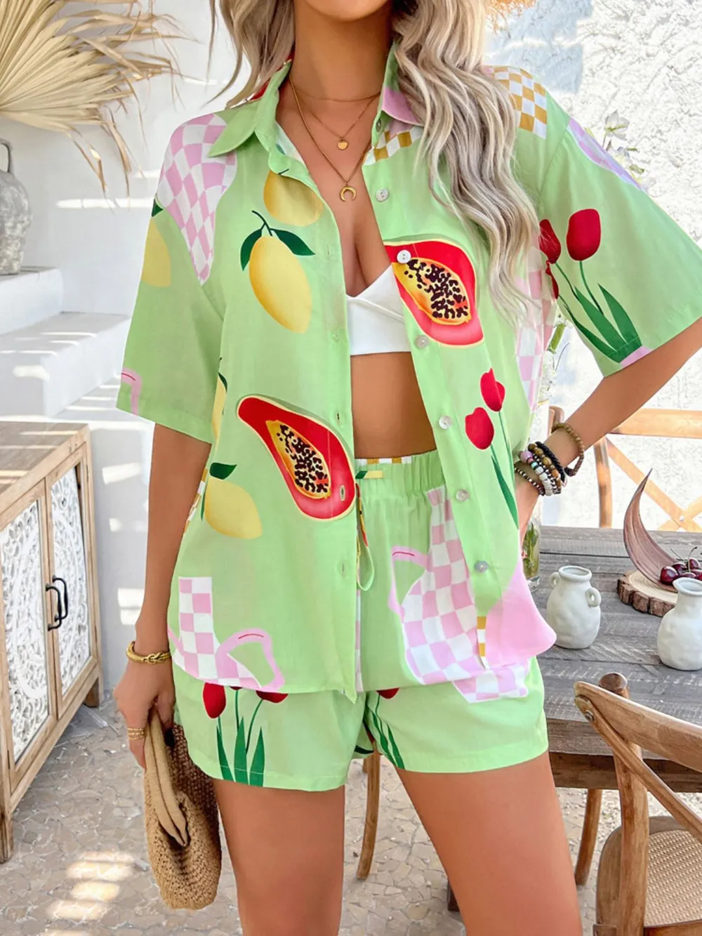 Printed Button Down Shirt and Shorts Set, image 26
