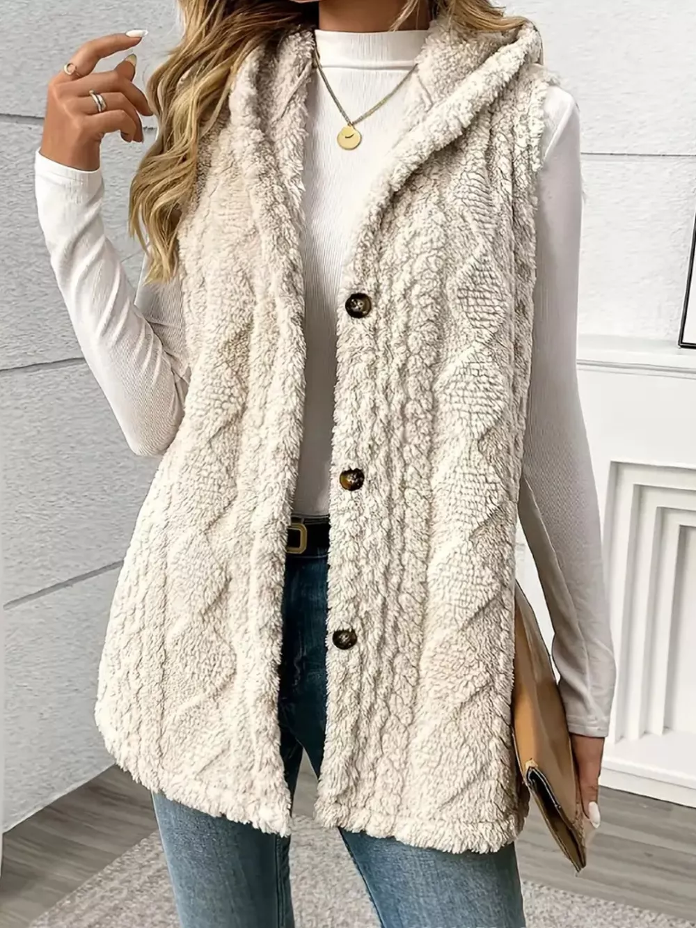 Hooded Button-Up Sherpa Vest Coat, image 8
