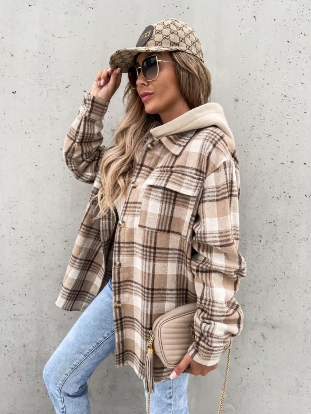 Plaid Dropped Shoulder Hooded Jacket, image 3
