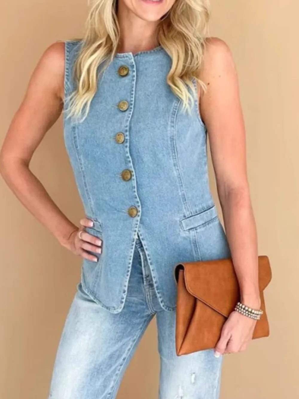 Sleeveless Button-Front Denim Vest, image 5