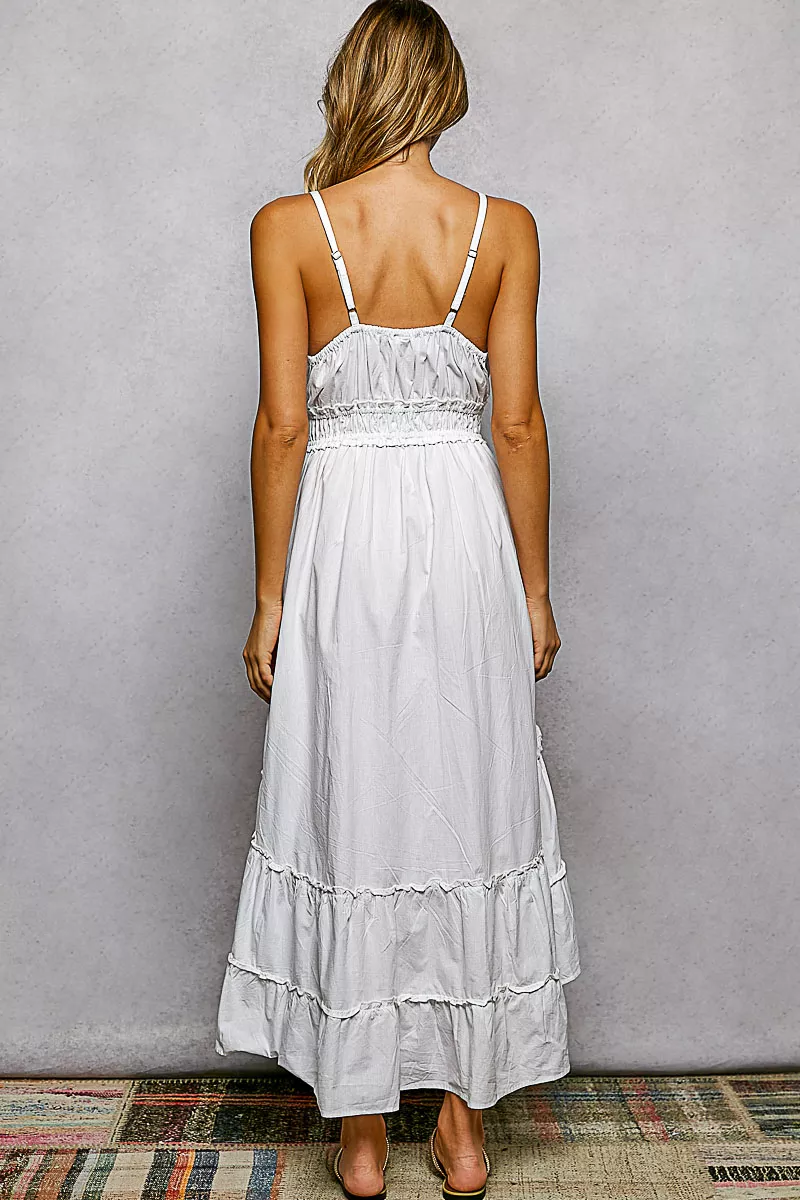 Embroidered Detail Tassel Tie Smocked Waist Midi Tiered Cami Dress, image 5