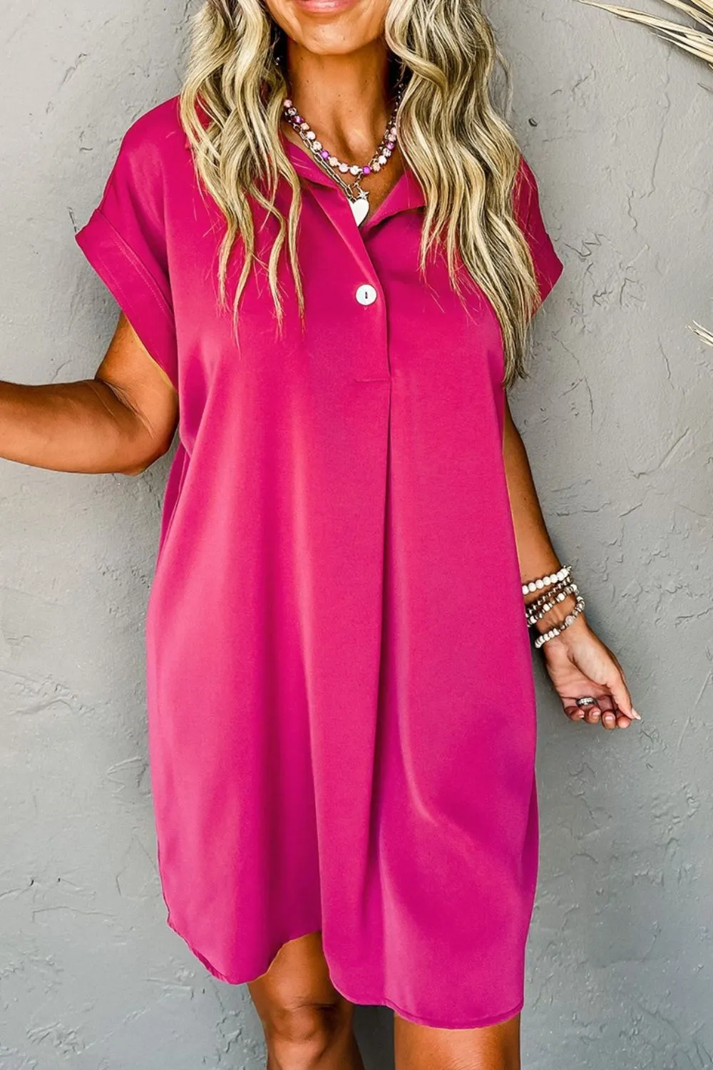 Buttoned Collared Neck Mini Shirt Dress, image 2
