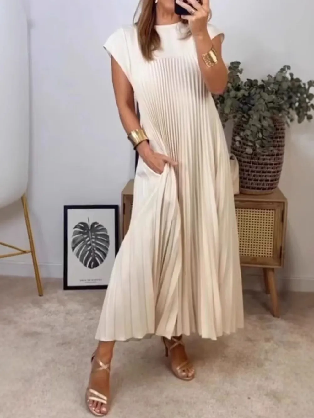 Full Size Pleated Round Neck Maxi Dress Plus Size, image 5