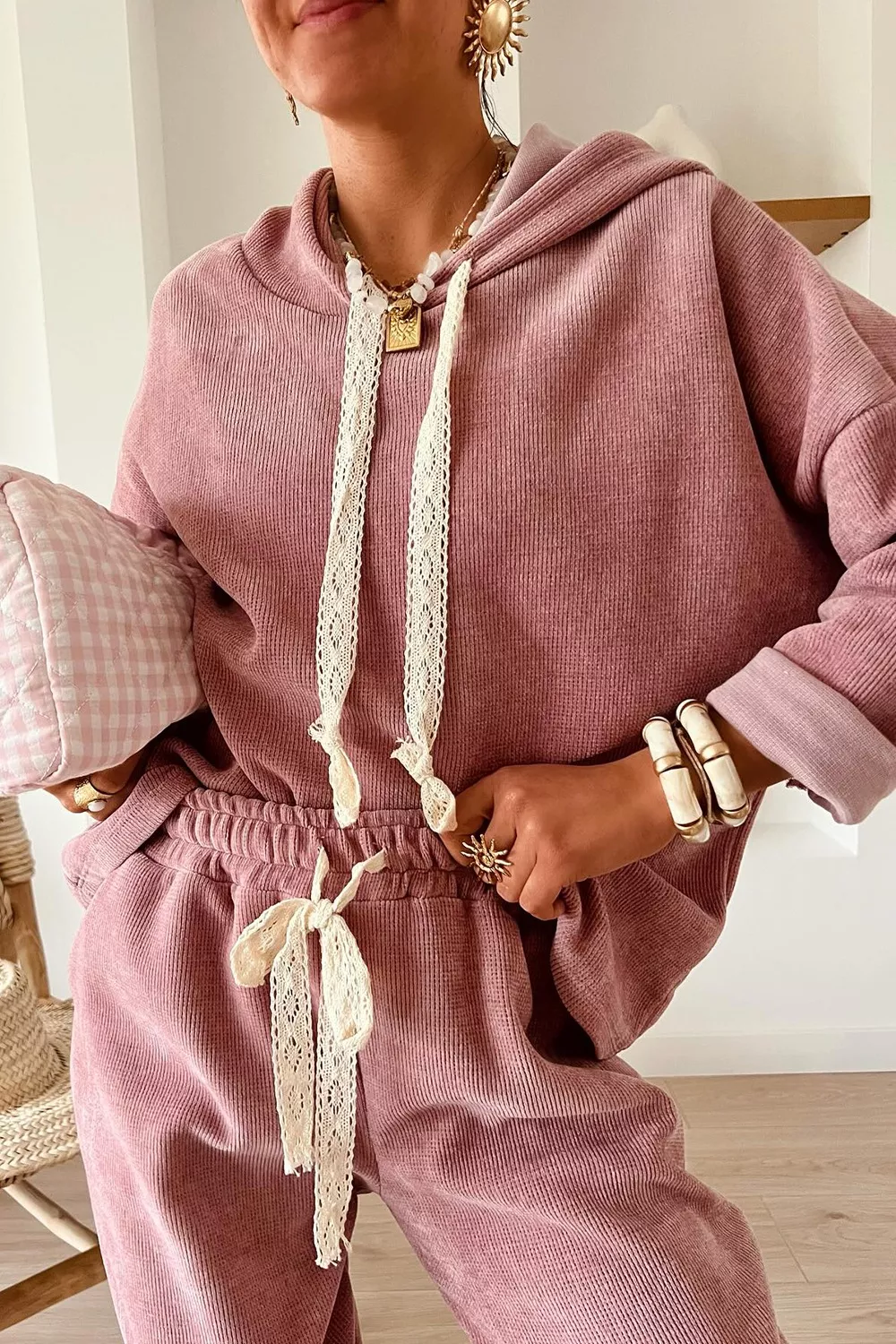 Lace Detail Dropped Shoulder Hoodie and Pants Set, image 2