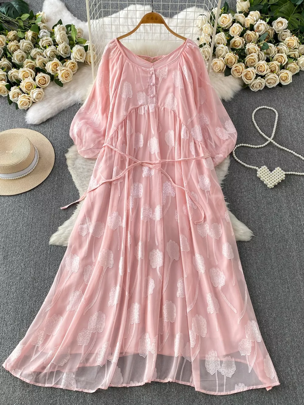 Button Front Puff Sleeve Chiffon Dress, image 3