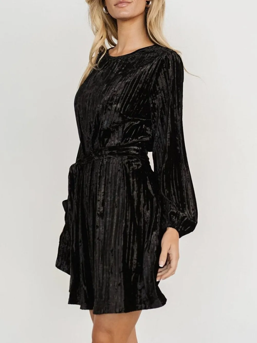 Velvet Round Neck Tie Waist Long Sleeve Mini Dress, image 13