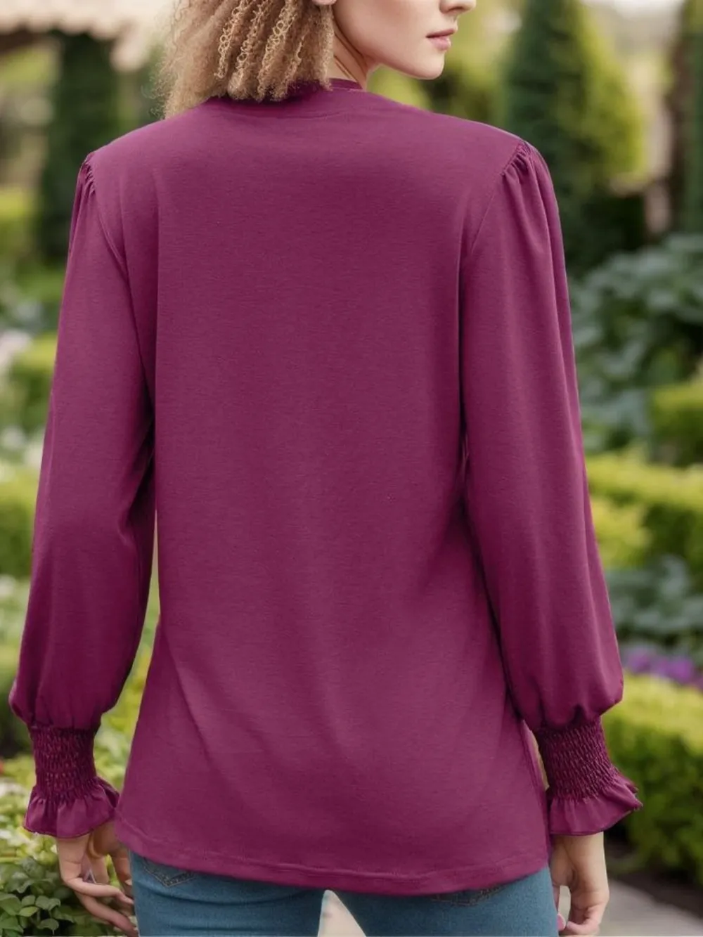 Notched Smocked Flounce Sleeve Blouse, image 3