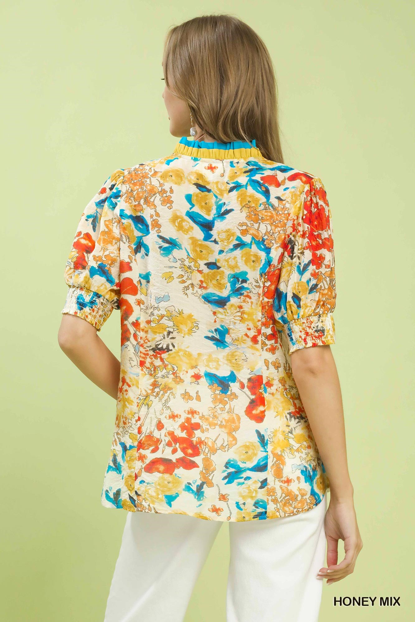 Floral Contrast Pleat Neck Top, image 3