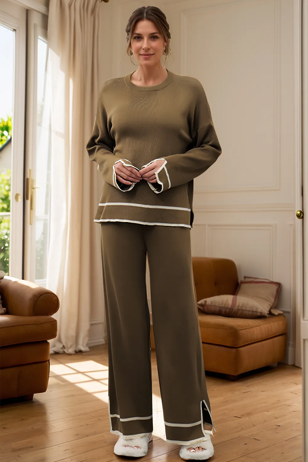 High-Low Round Neck Top and Pants Sweater Set, image 16