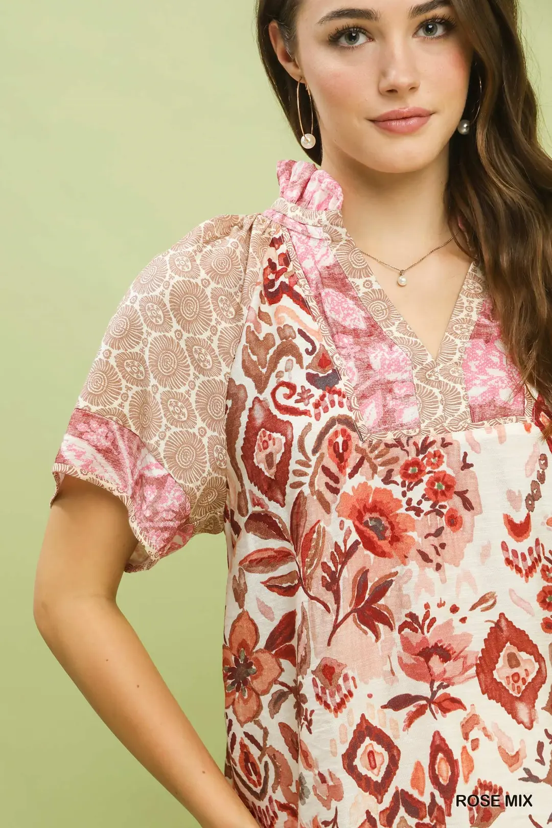 Mixed Print V-Neck Short Sleeve Top, image 4
