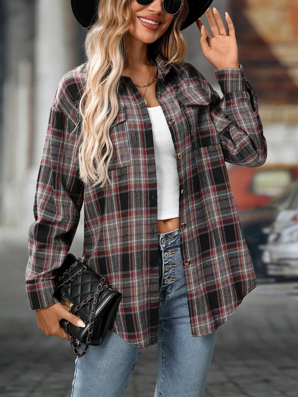 Oversized Plaid Button-Up Shirt, image 17