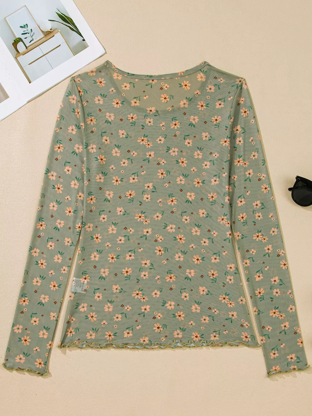 Floral Print Mesh Long Sleeve Top, image 3