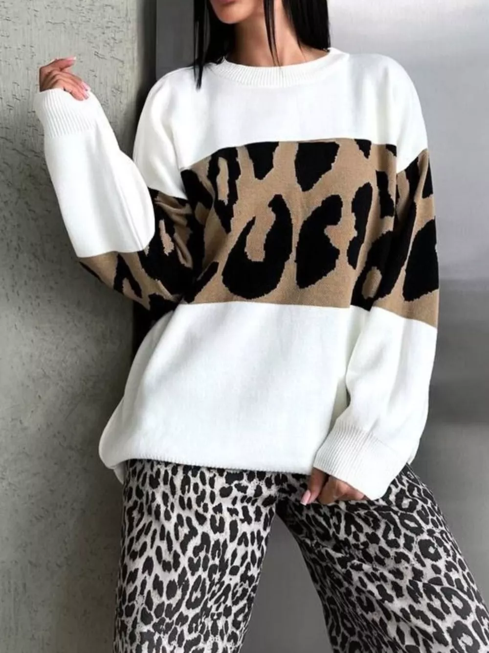 Leopard Color Block Round Neck Sweater, image 3