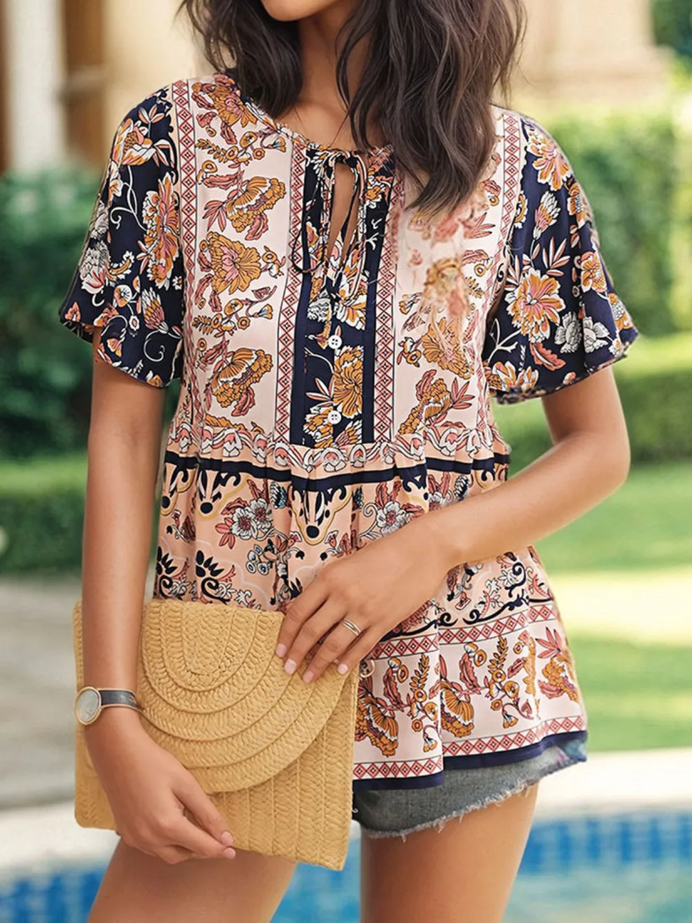 Floral Print Tie Neck Flutter Sleeve Blouse, image 3