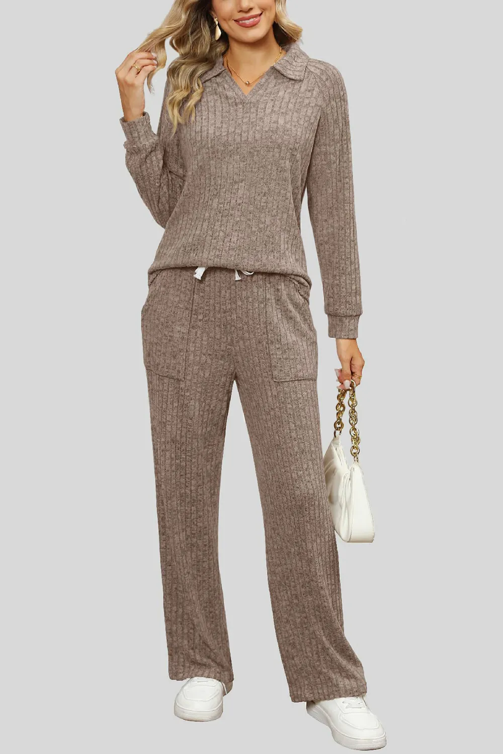 Ribbed Long Sleeve Top and Pocketed Pants Set, image 4