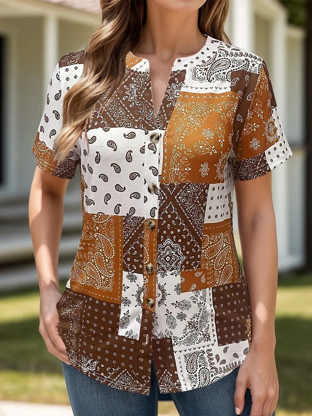 Printed Notched Short Sleeve Blouse, image 10