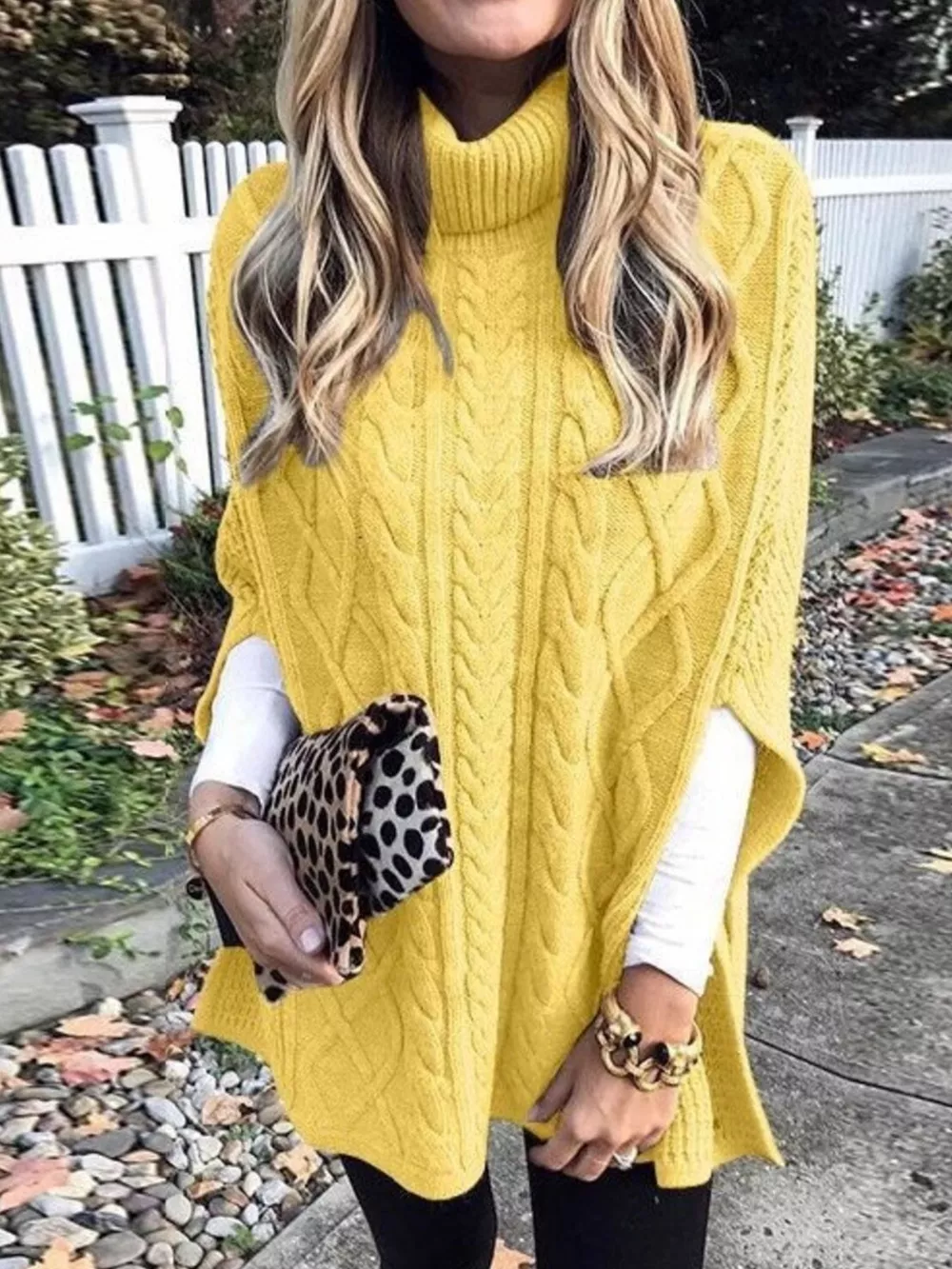 Chunky Cable Knit Turtleneck Poncho Cover Up, image 6
