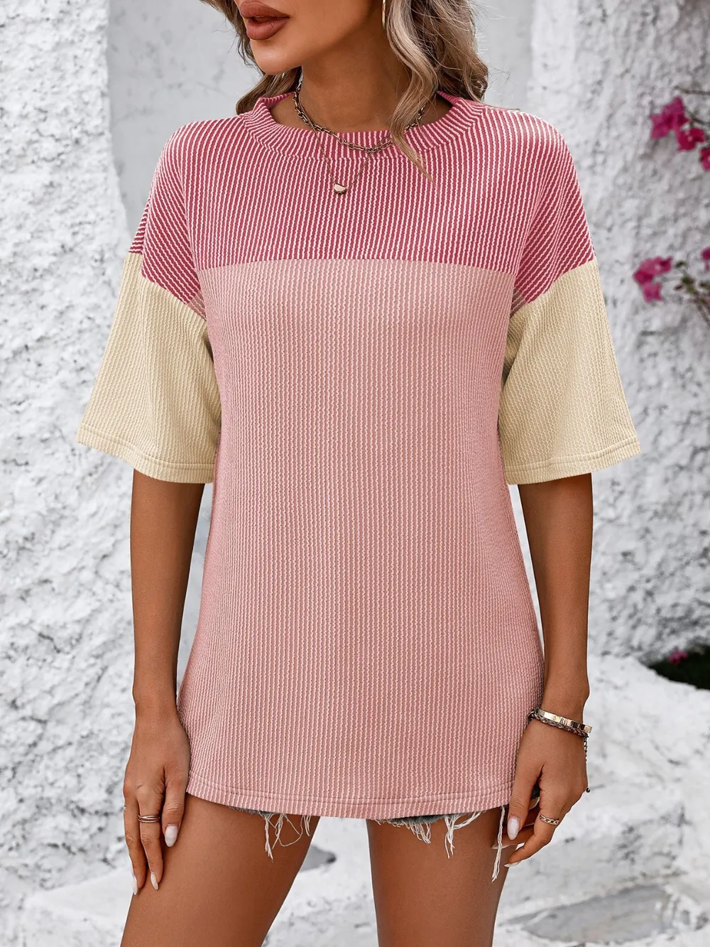 Color Block Round Neck Half Sleeve T-Shirt, image 4