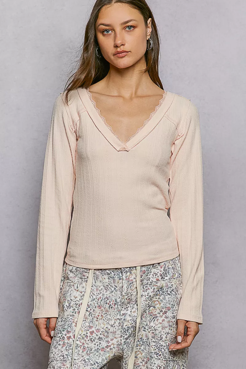 V-Neck Long Sleeve Ribbed Top with Lace-Accent Neckband