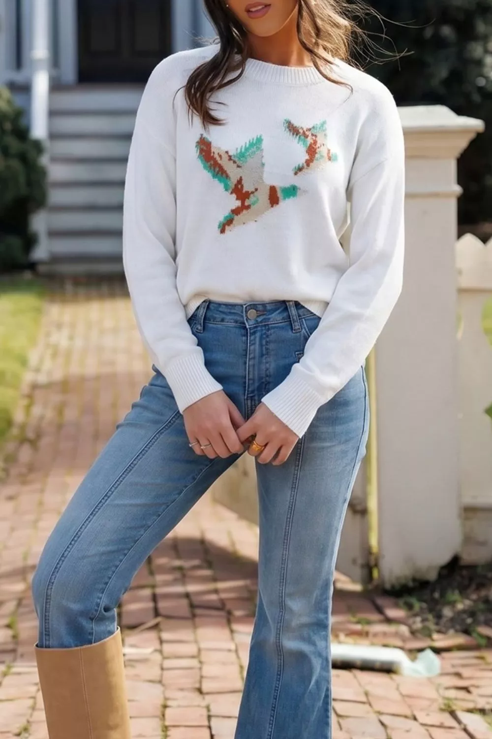 Drop Shoulder Round Neck Long Sleeve Sweater, image 2