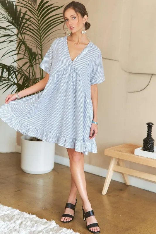Ruffled Hem Striped V-Neck Babydoll Dress, image 5