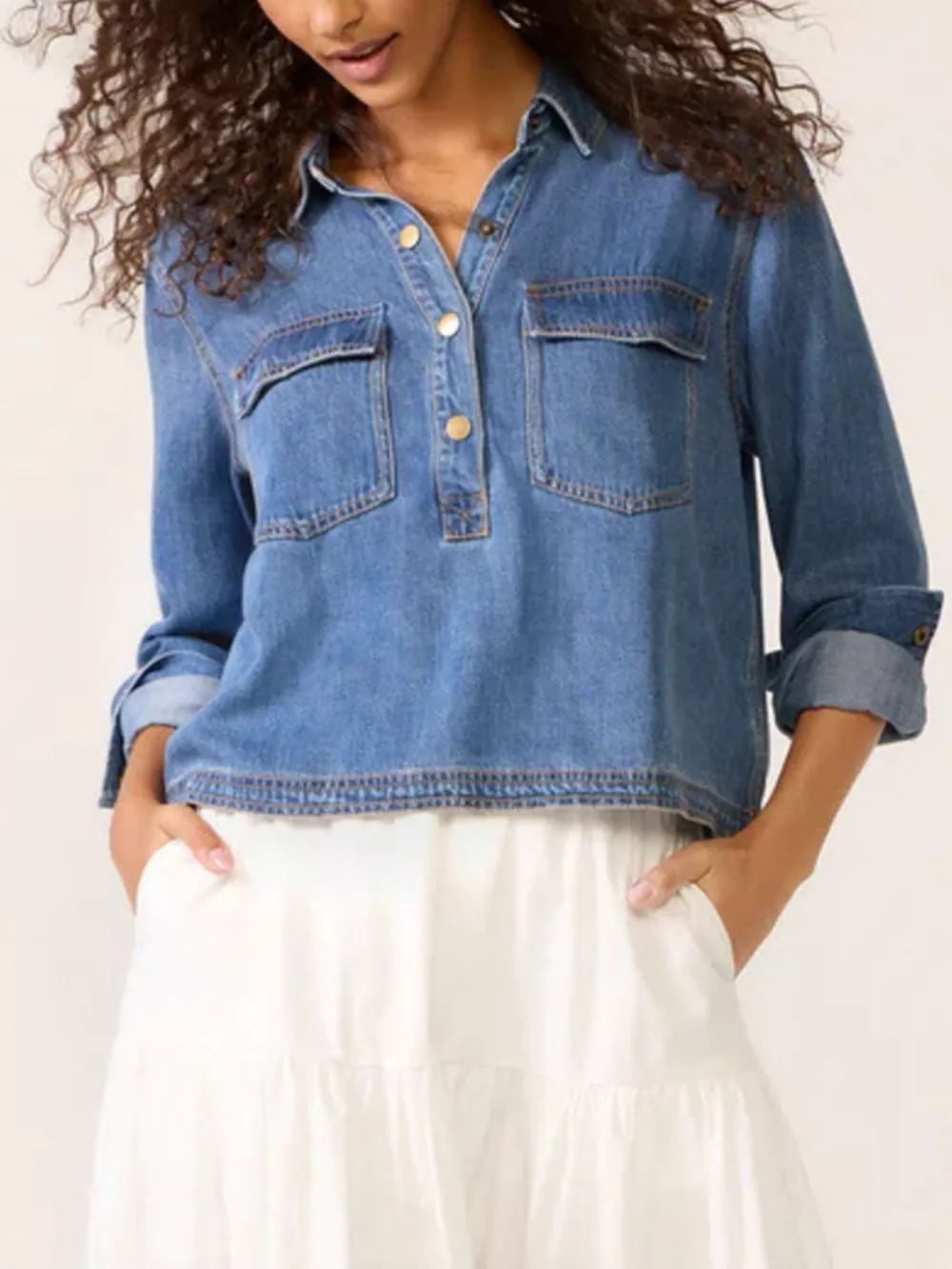 Half Snap Cropped Denim Top, image 6