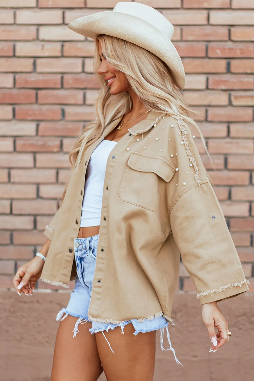 Raw Hem Pearl Trim Dropped Shoulder Denim Jacket, image 3