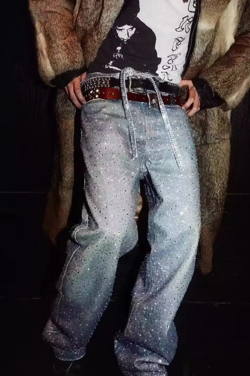 Men's Washed Rhinestone Jeans with Rhinestone Belt, image 6