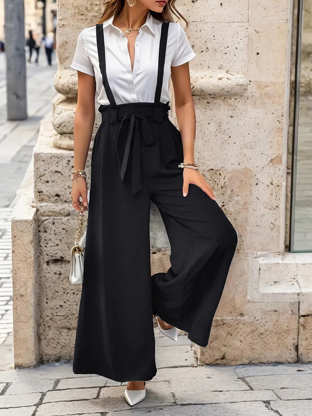 Tied Wide Leg Pants with Shoulder Straps, image 2