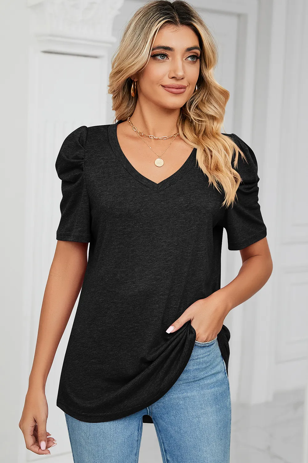 Heathered V-Neck Puff Sleeve T-Shirt, image 14