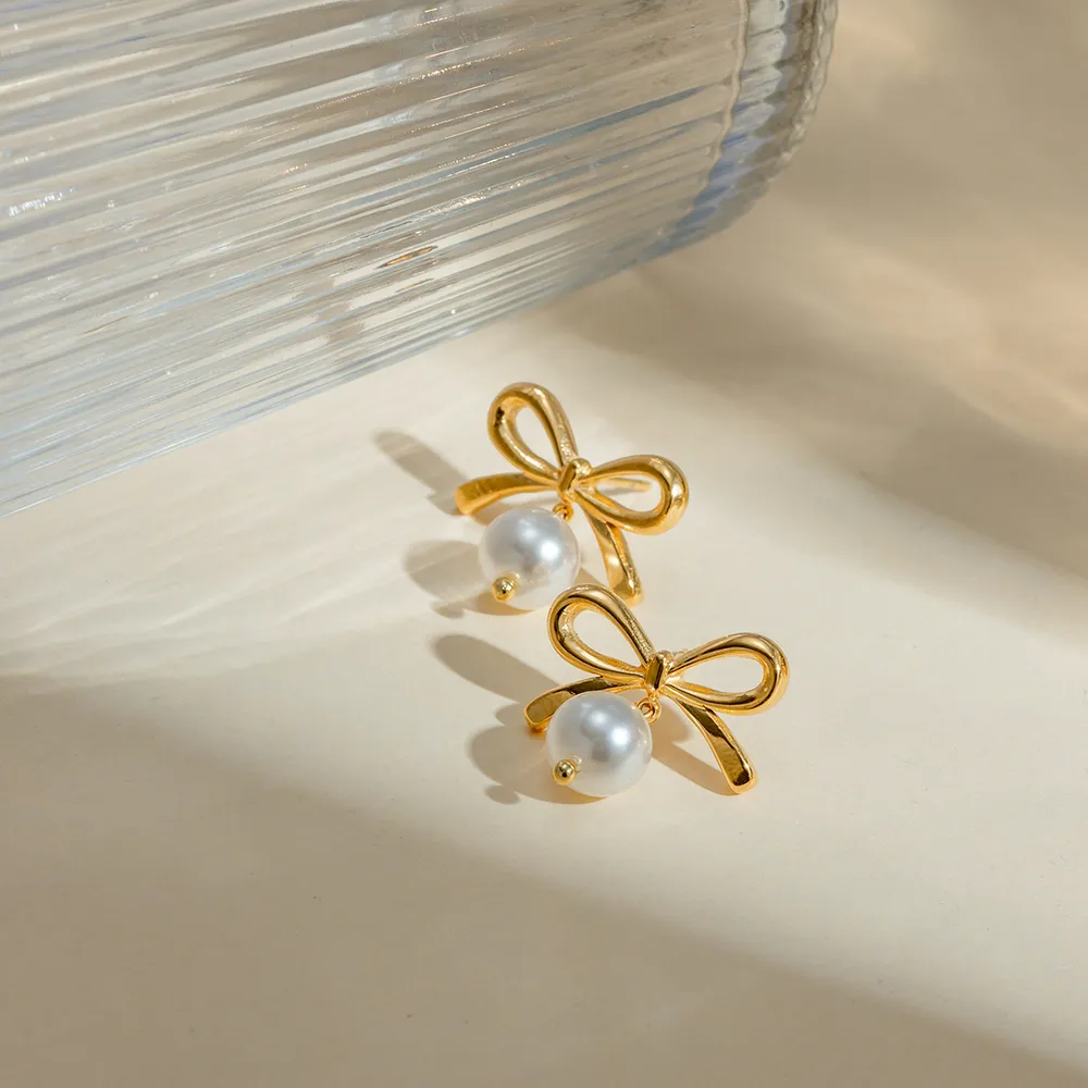 Stainless Steel Bow Pearl Earrings, image 3