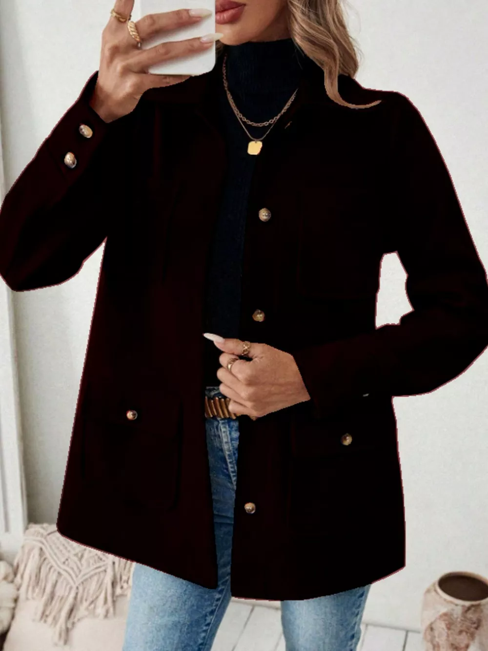 Button-Front Pocketed Long Sleeve Outerwear, image 8