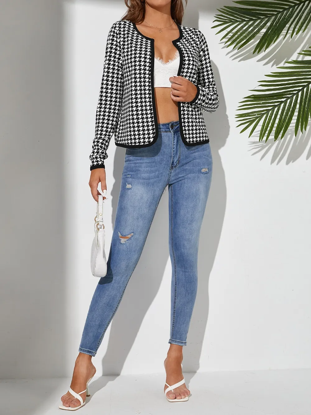 Houndstooth Open Front Long Sleeve Jacket, image 5