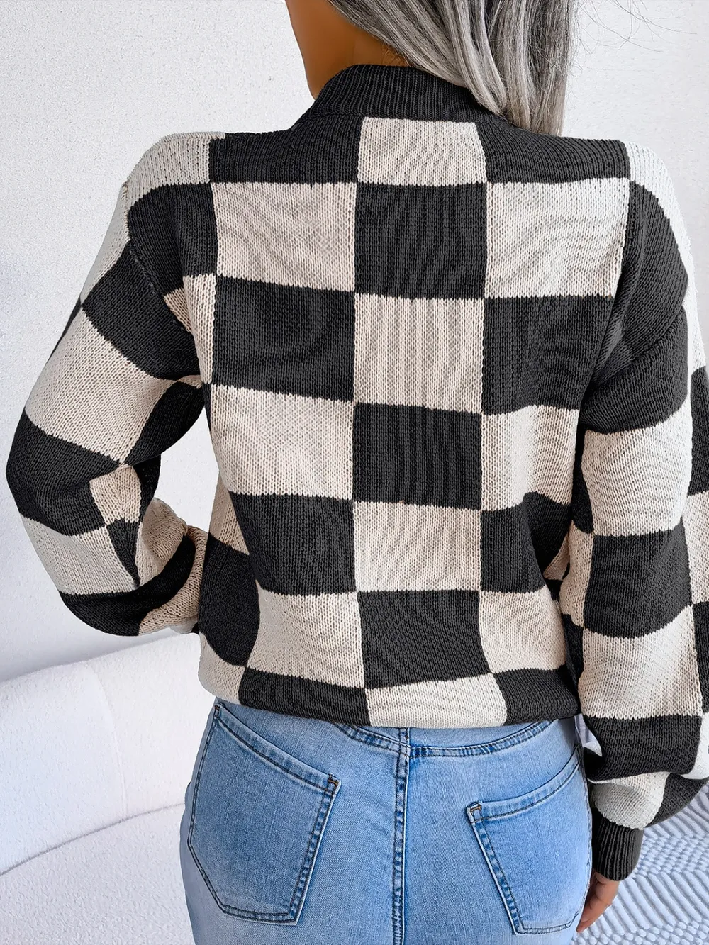 Checkered Mock Neck Long Sleeve Sweater, image 5