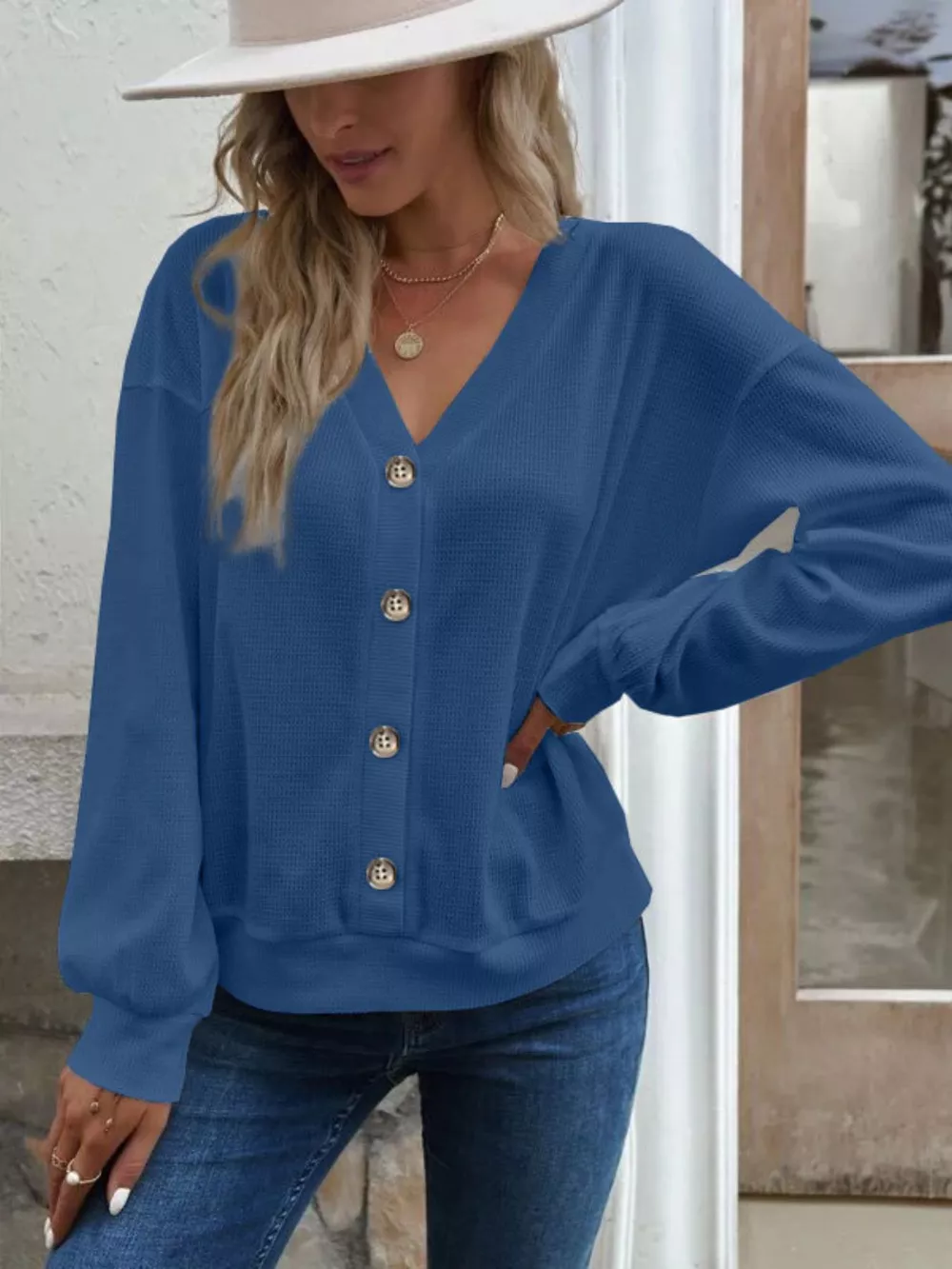 Casual V-Neck Waffle Long Sleeve Top, image 11