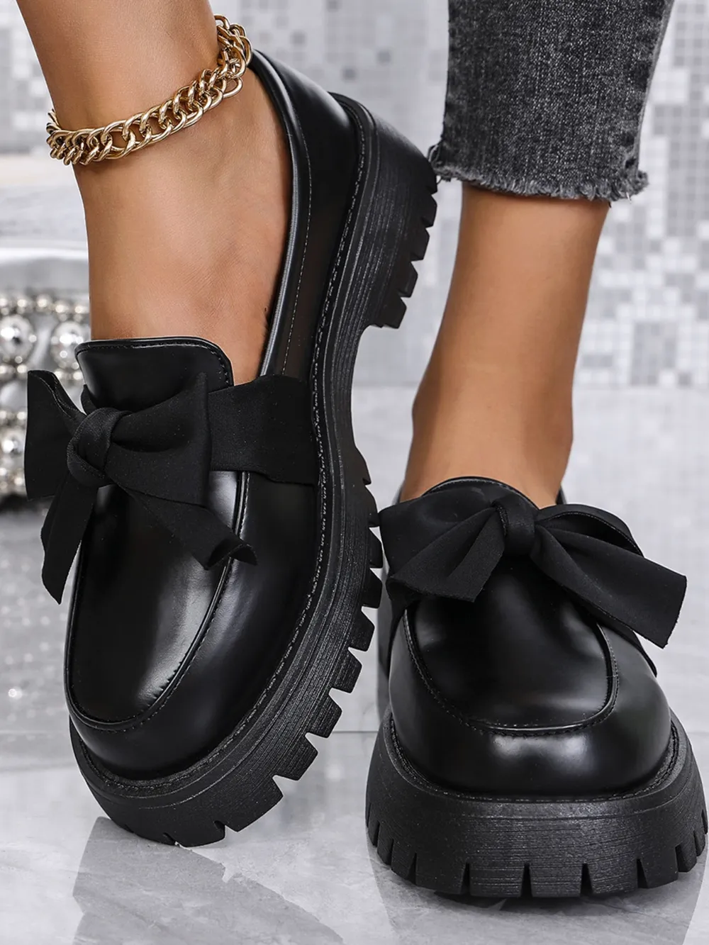 Bow PU Leather Round Toe Loafers, image 3
