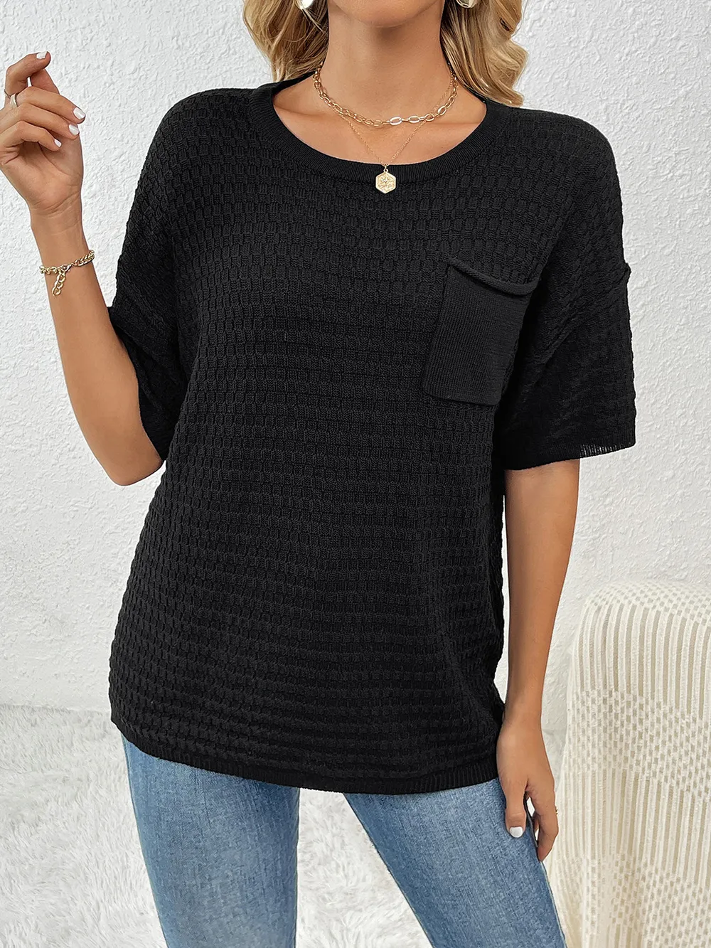 Round Neck Half Sleeve Knit Top, image 3