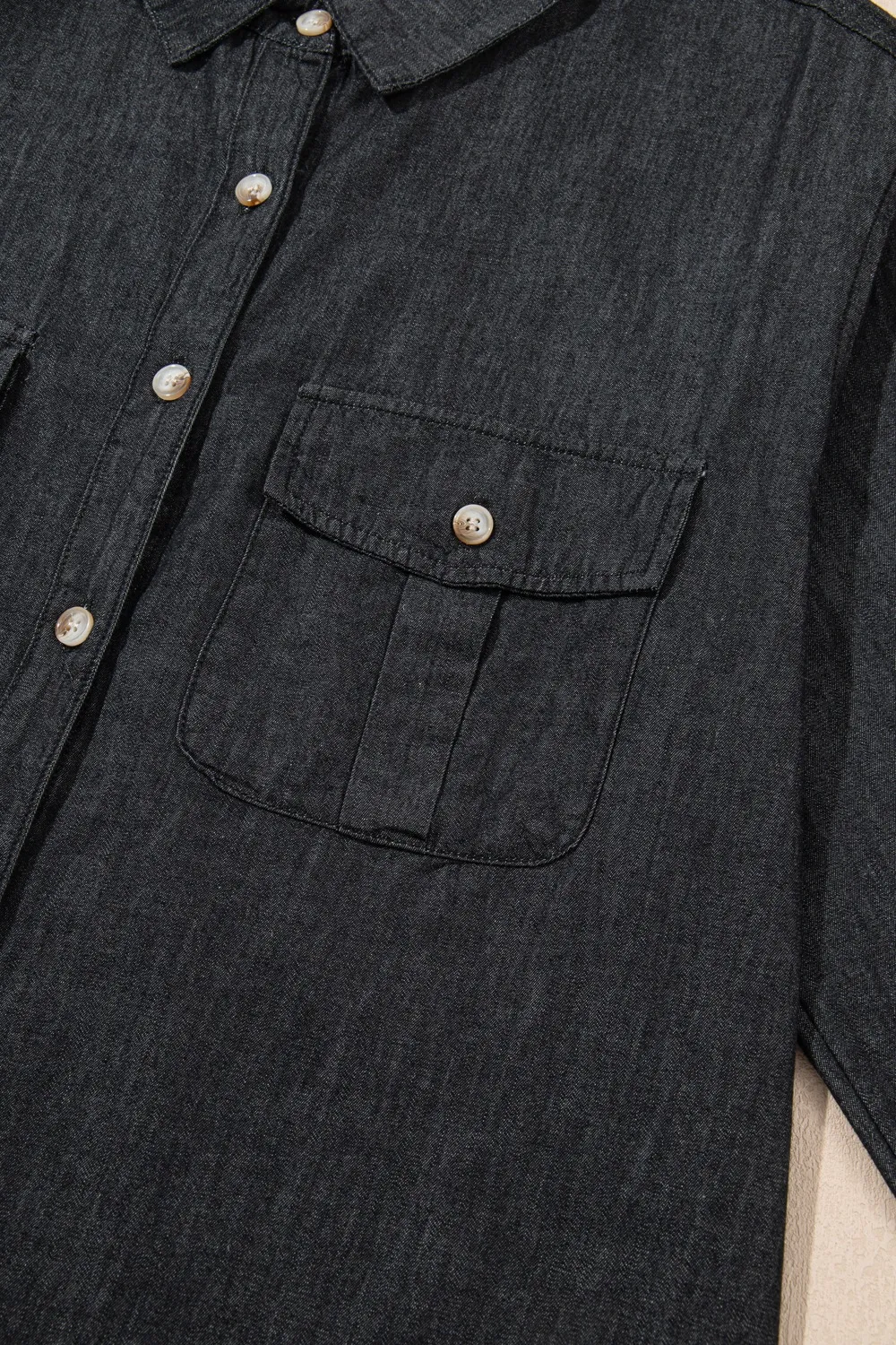 Pocketed Collared Neck Long Sleeve Denim Top, image 4