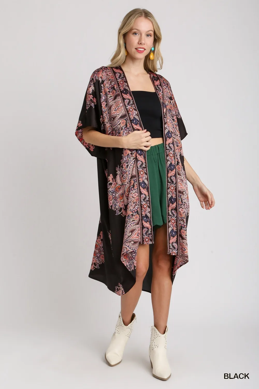 Satin Border Print Short Sleeve Open Front Kimono, image 4