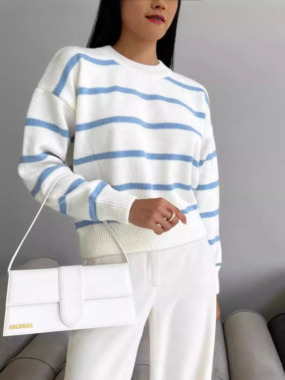 Striped Knit Round Neck Sweater, image 8