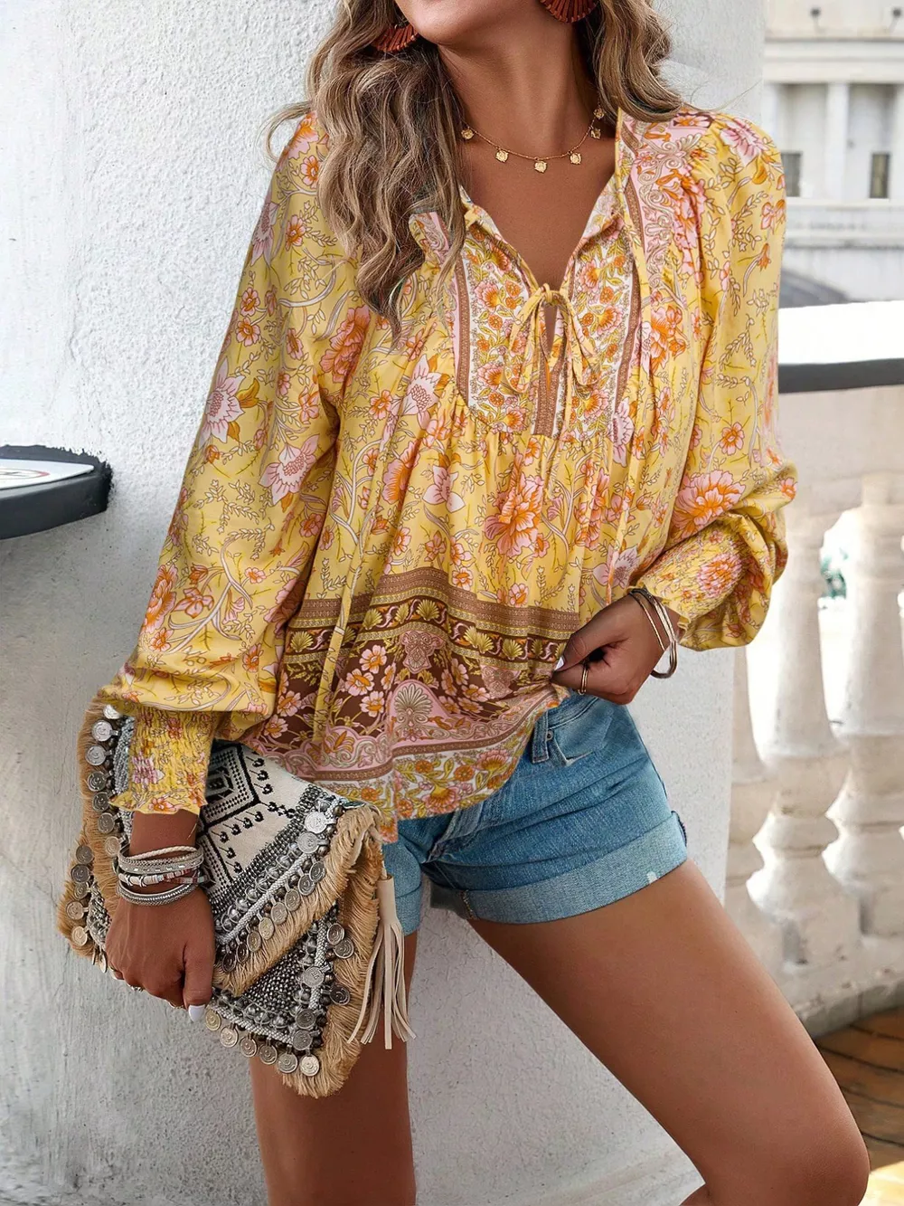 Floral Print Tie Neck Bohemian Blouse, image 6