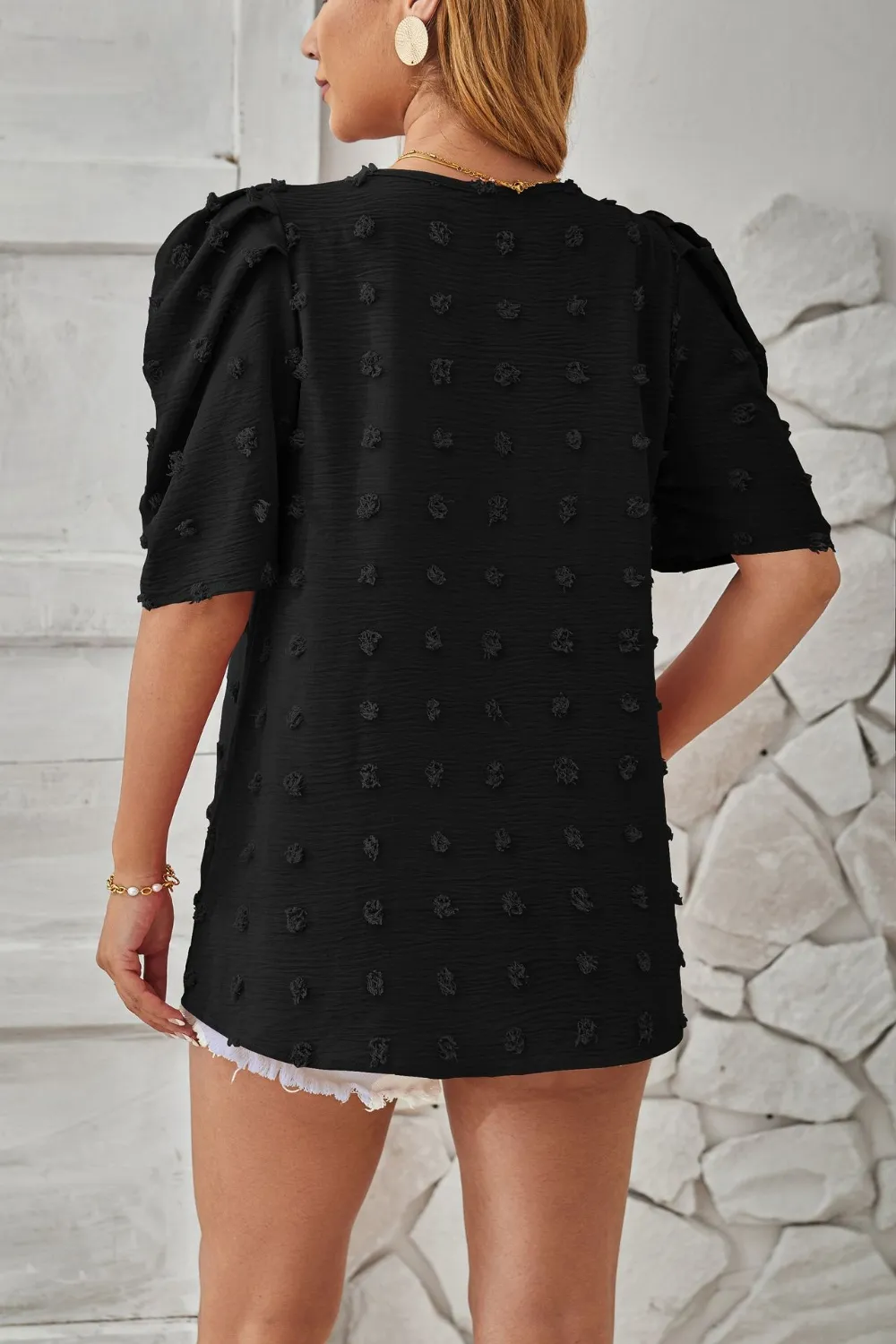 Swiss Dot Round Neck Short Sleeve Blouse, image 14