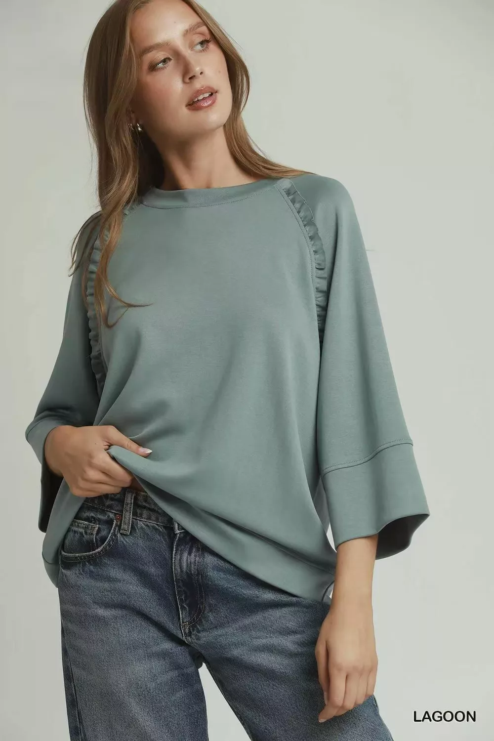 Ruffle Trim 3/4 Raglan Sleeve Top
