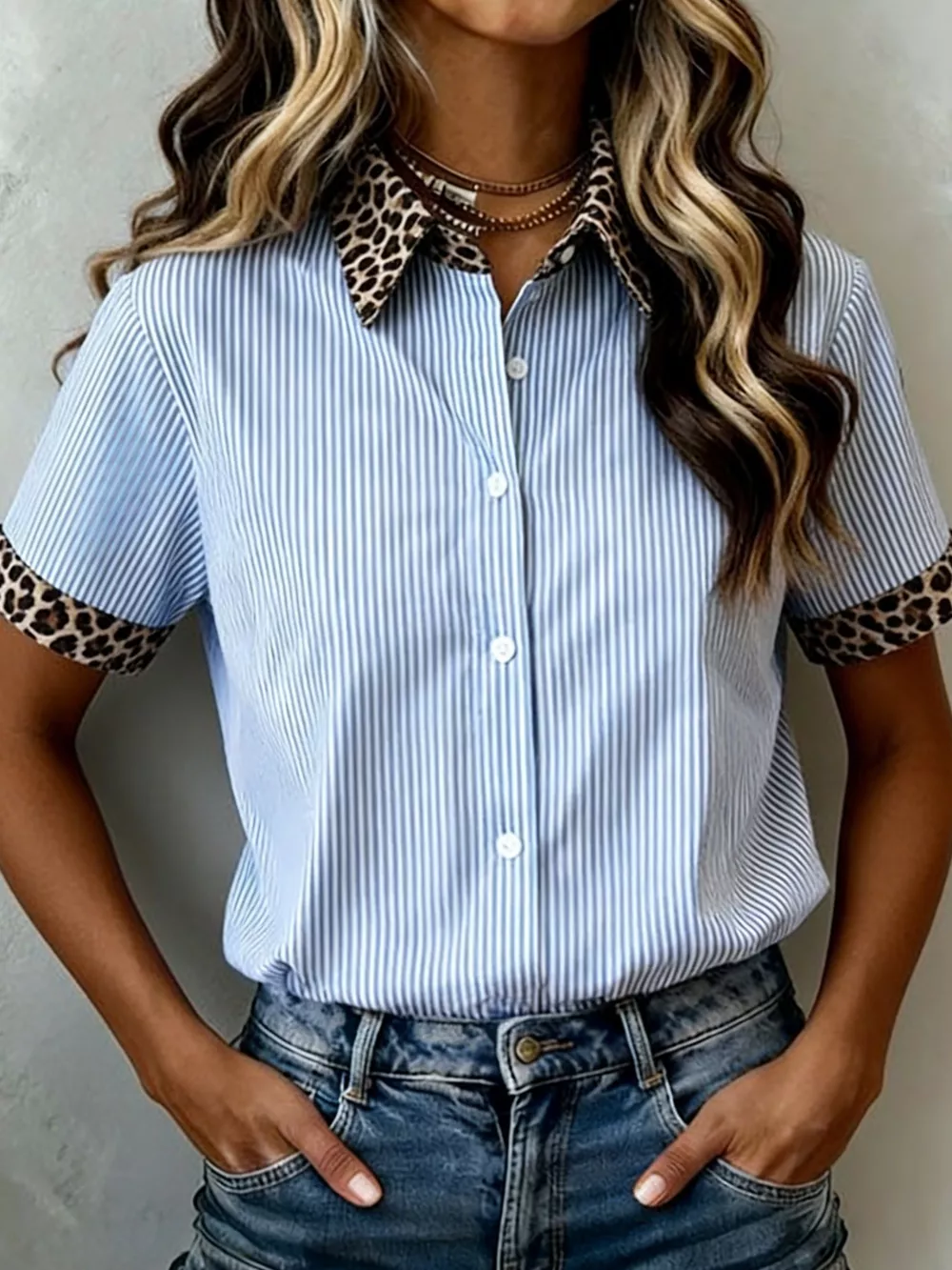 Stripe Leopard Contrast Collar Short Sleeve Shirt, image 2