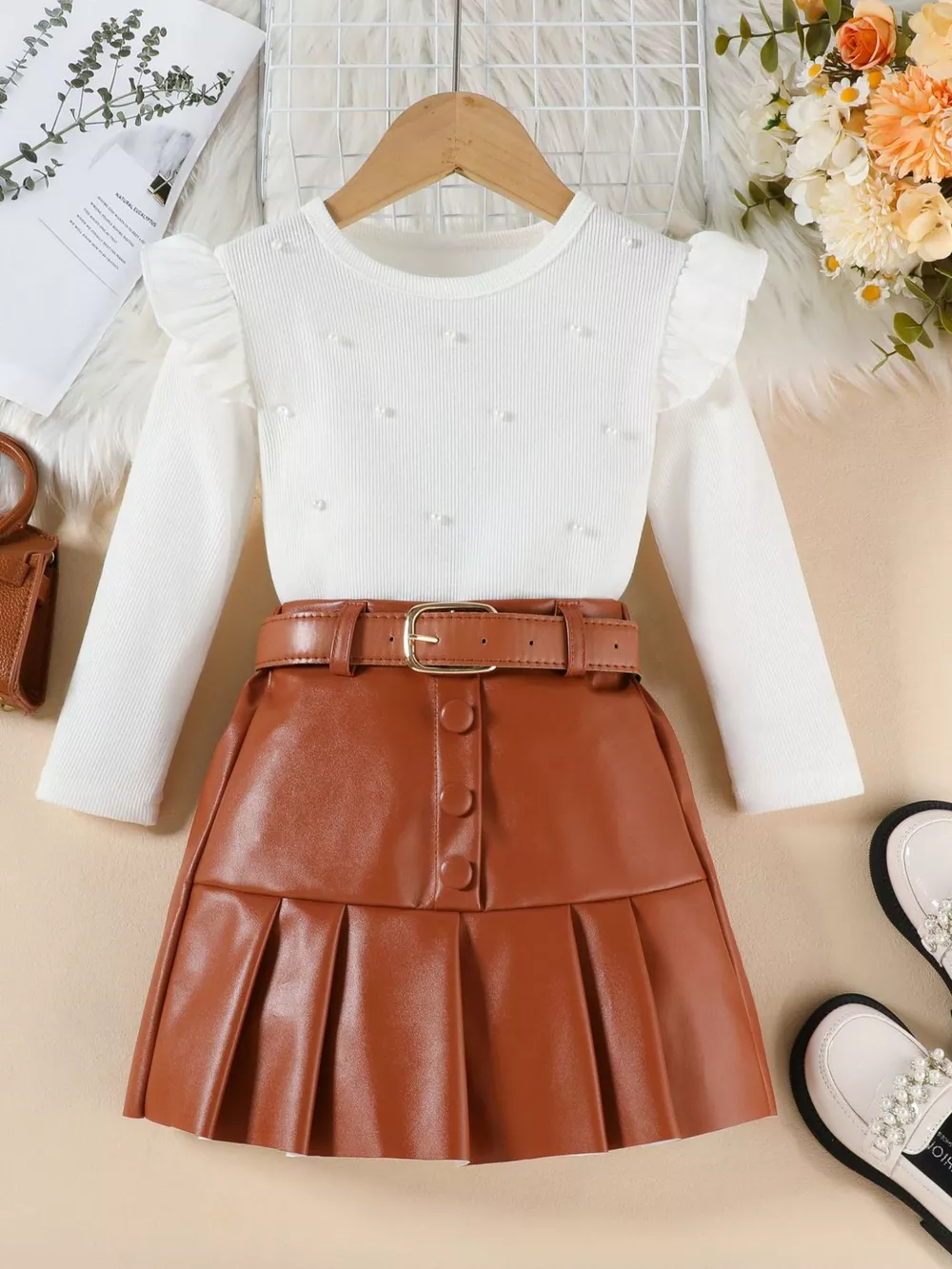 Children's Ruffle Trim Top & Faux Leather Pleated Skirt Set, image 2