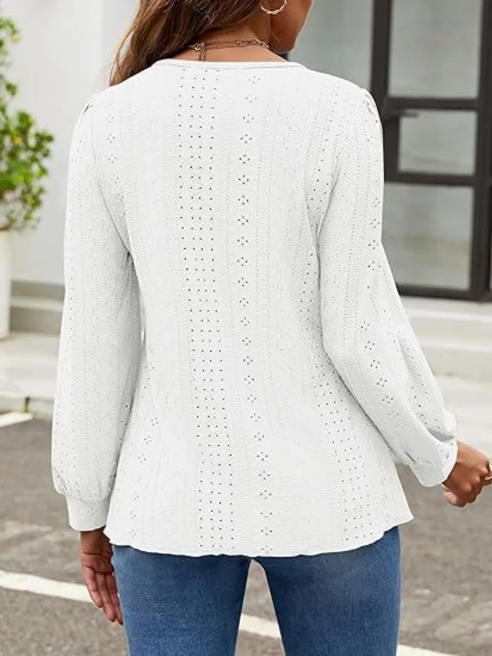 Eyelet Round Neck Long Sleeve Top, image 4