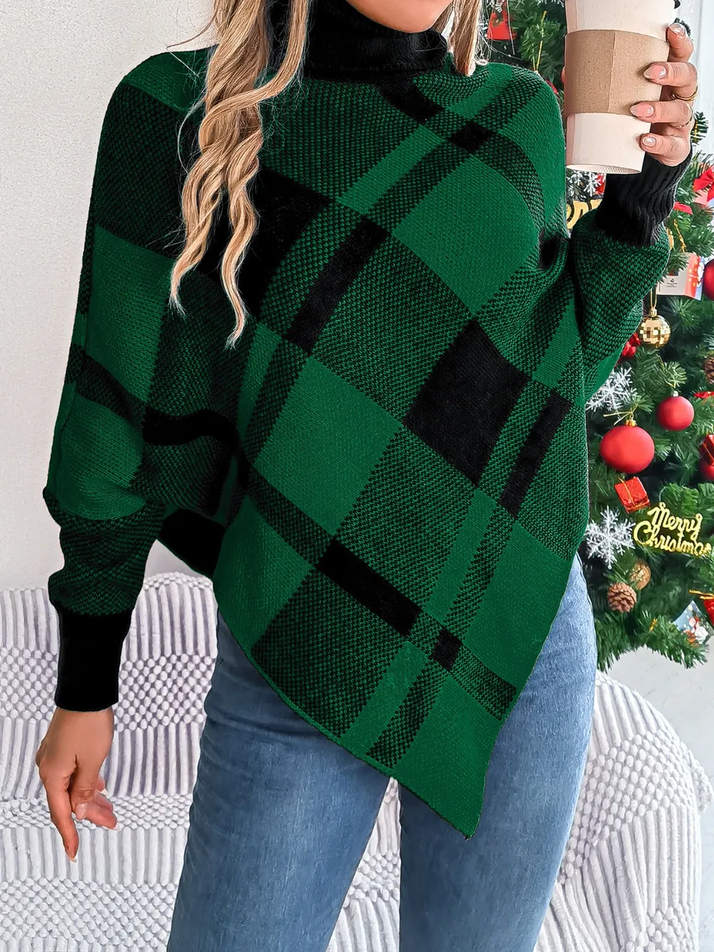 Plaid Turtleneck Batwing Sleeve Sweater, image 7