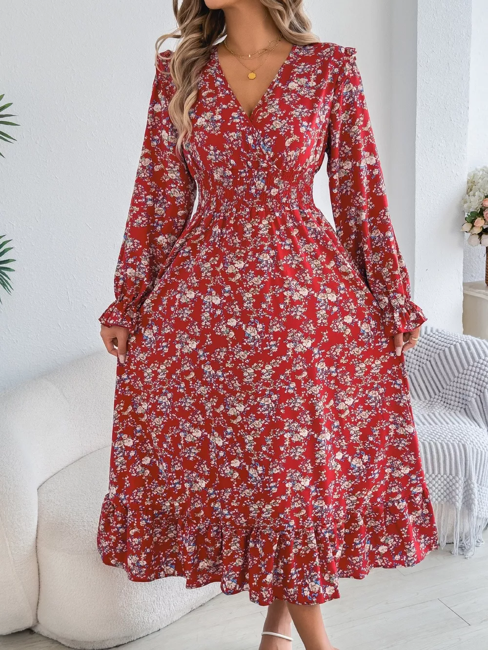 Ruffled Floral V-Neck Flounce Sleeve Dress, image 5